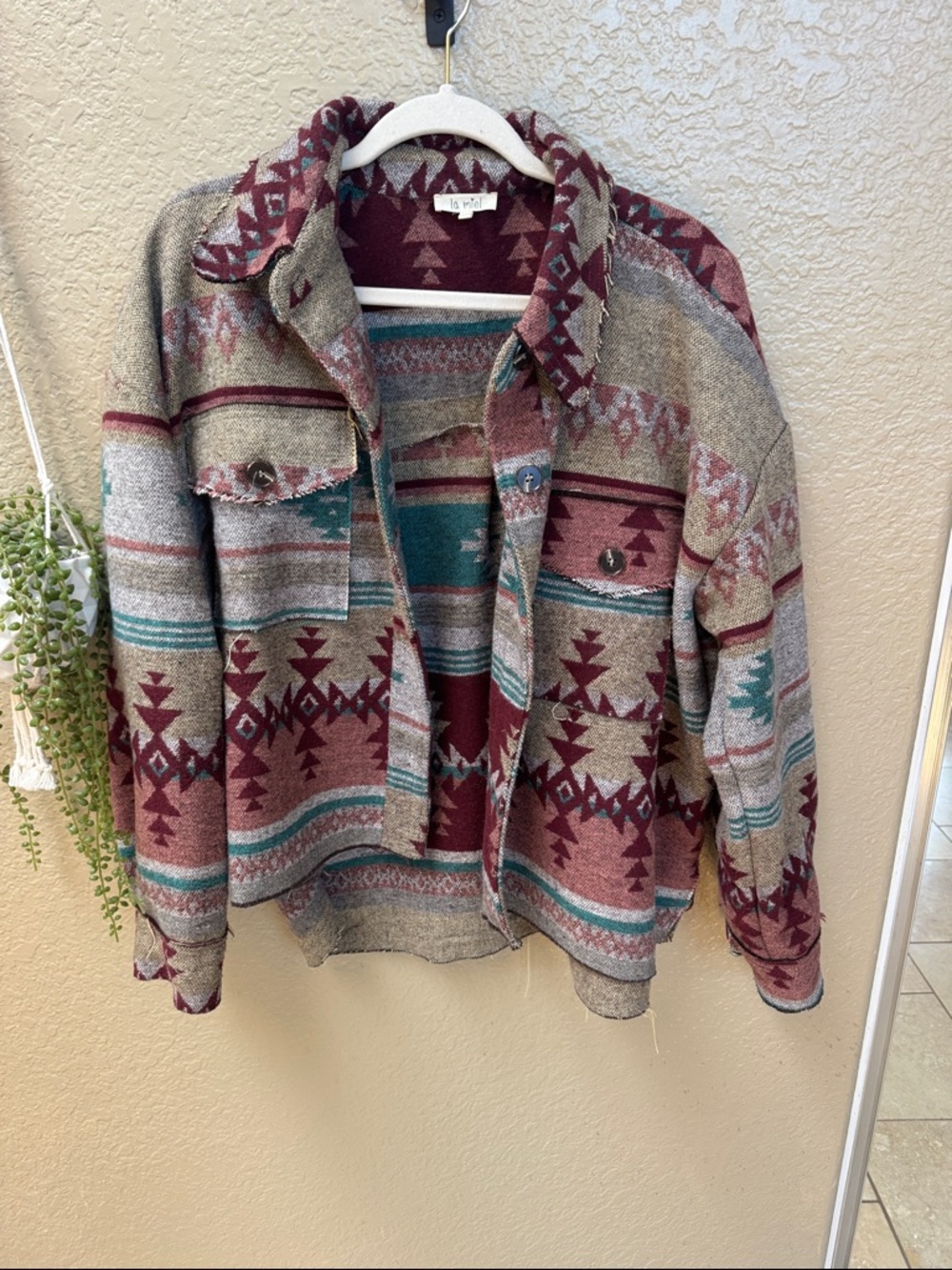 LA MIEL Aztec-Print Zip-Up Jacket - Burgundy, Teal & Gray